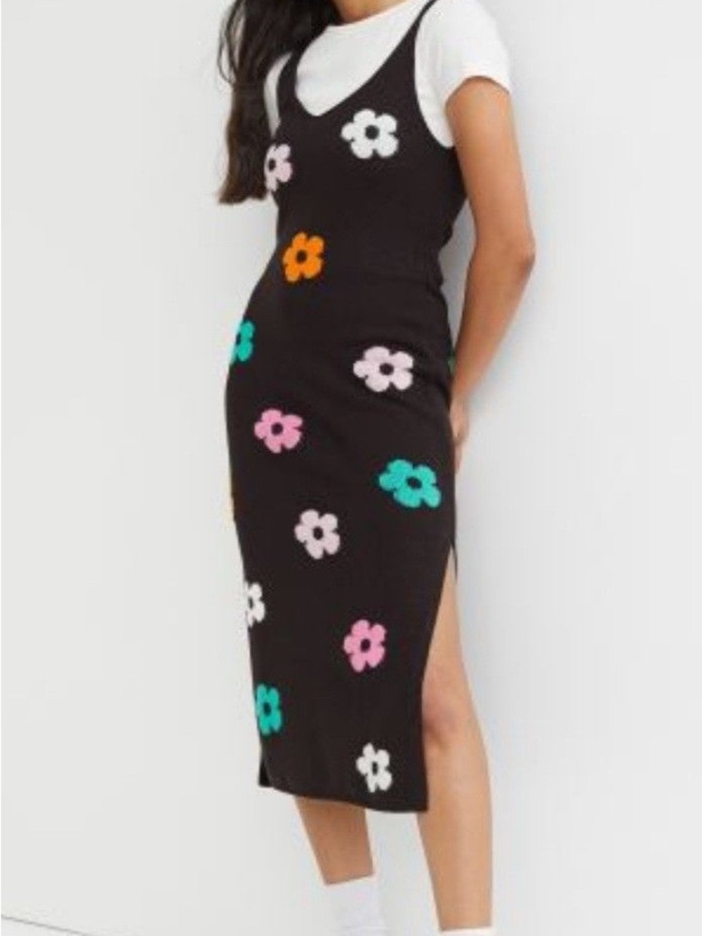 H&M Black Knit Midi Dress with Multicolor Floral Appliqués